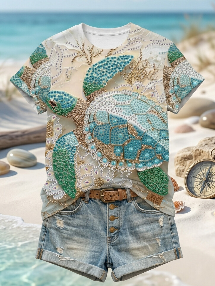 Women's Jeweled Sea Turtle Rhinestone Art Print Casual T-Shirt