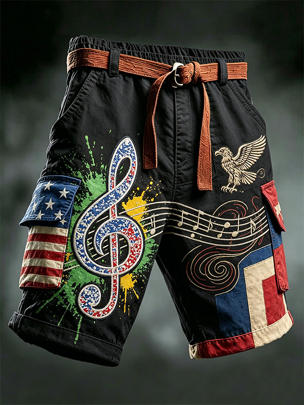 Men's USA Flag Eagle Colored Musical Note Print Cargo Shorts