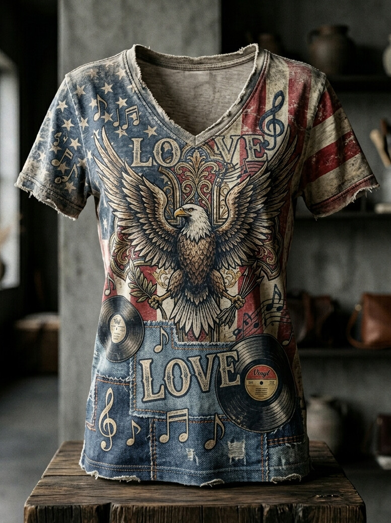 Women's Retro Independence Day Eagles Music Love Print Casual V Neck T-Shirt
