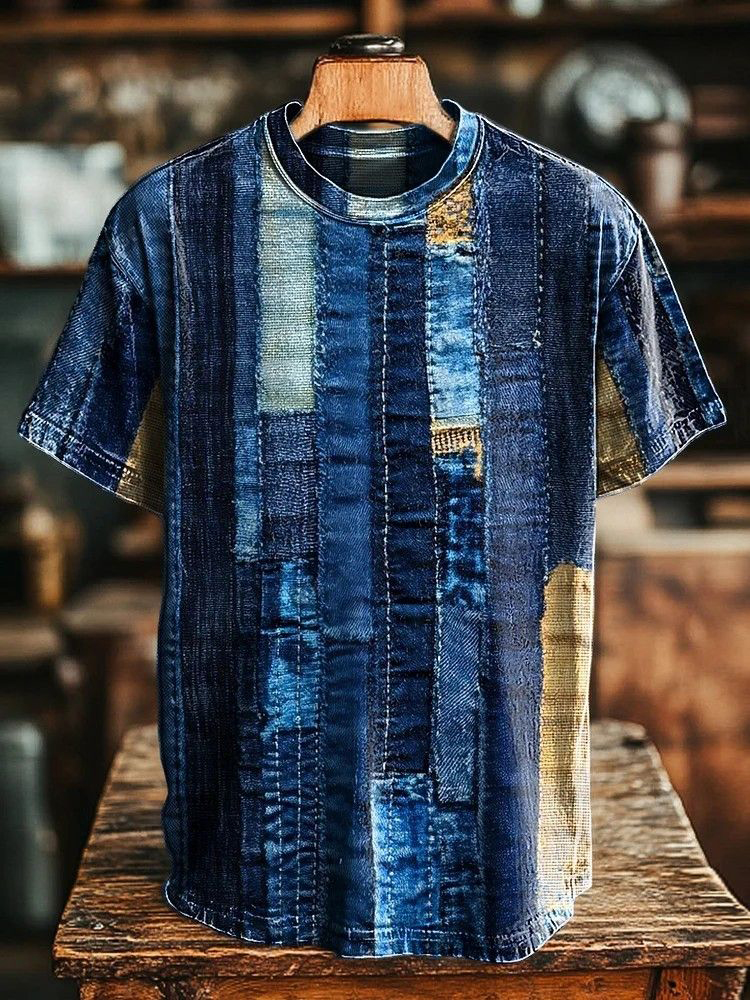 Men's Vintage Denim Patchwork Art Print T-Shirt