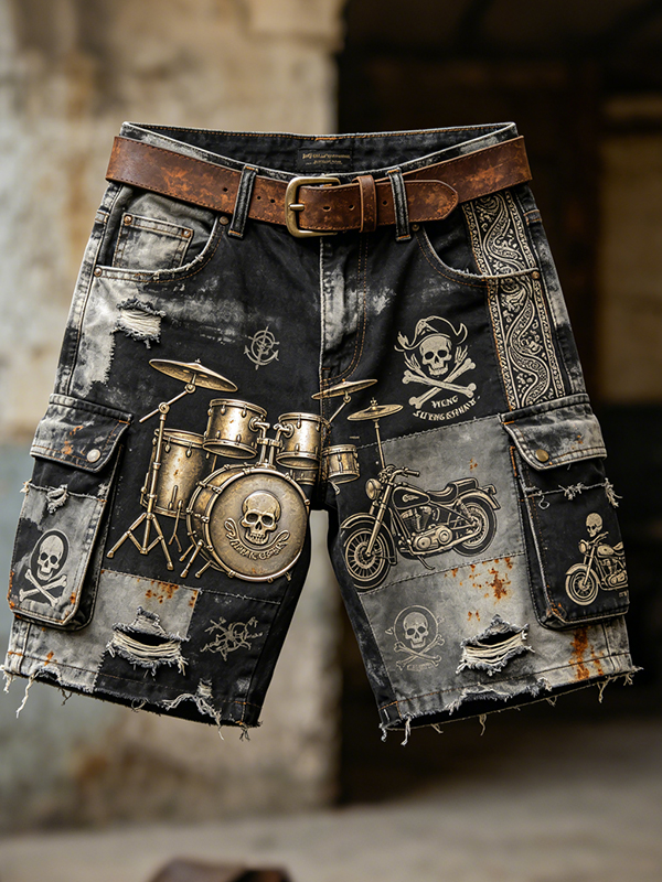 Men's Retro Music Skeleton Dark Art Print Casual Shorts
