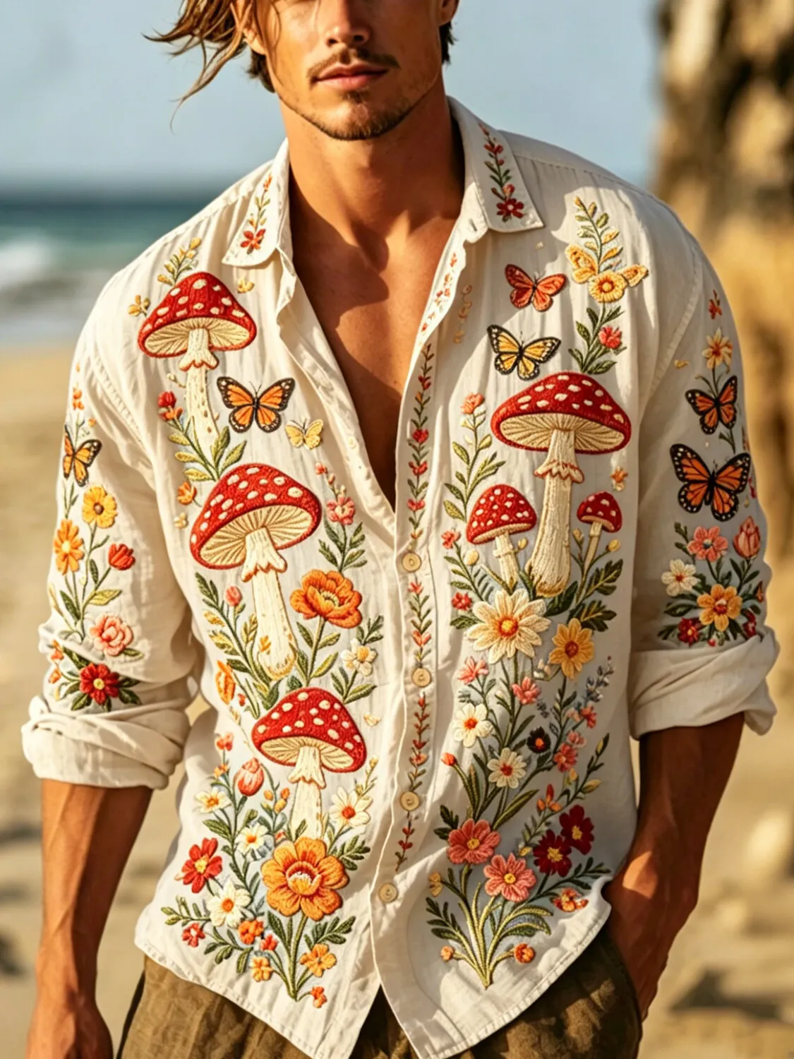 Men's Goblin Mushroom Butterfly Hippie Art Print Long Sleeve Shirt
