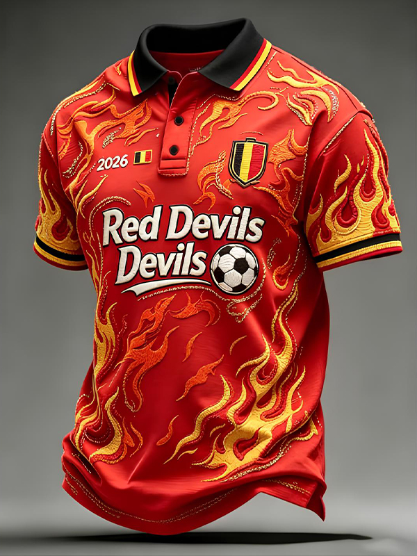 Men's Belgium Soccer Red Devils Flame Print Short Sleeve Polo Shirt