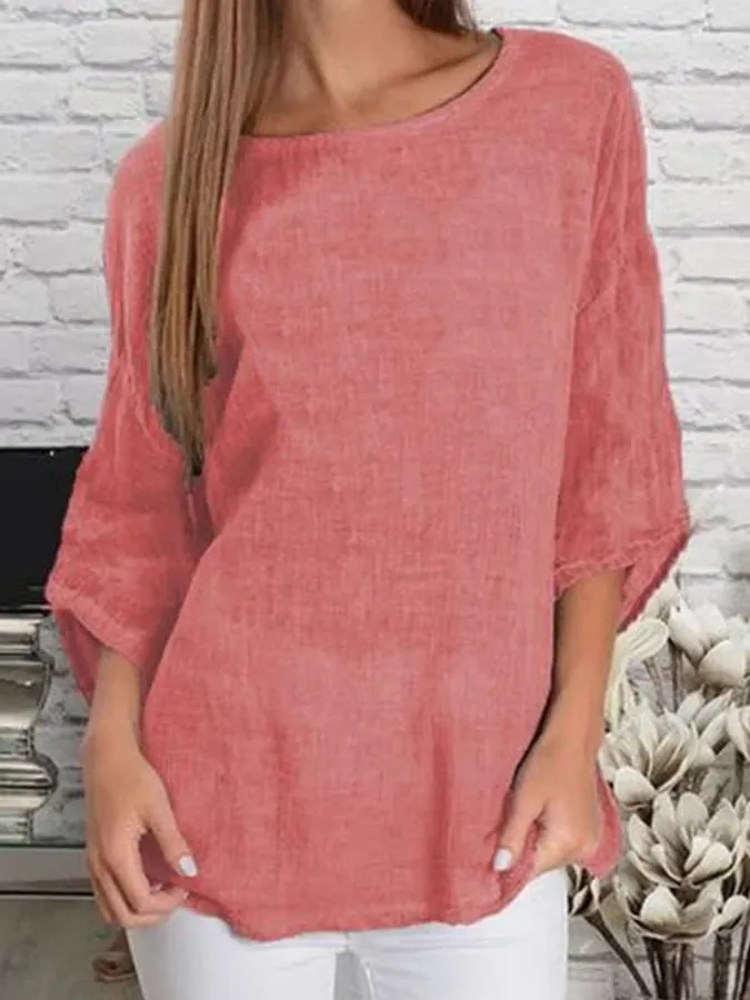 Women's Cotton Linen Round Neck Casual Loose Shirt