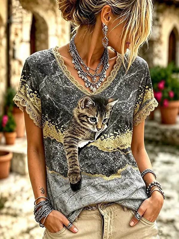 Women's Retro 3D Cute Cat Marble Art Print V Neck Short Sleeve T-Shirt
