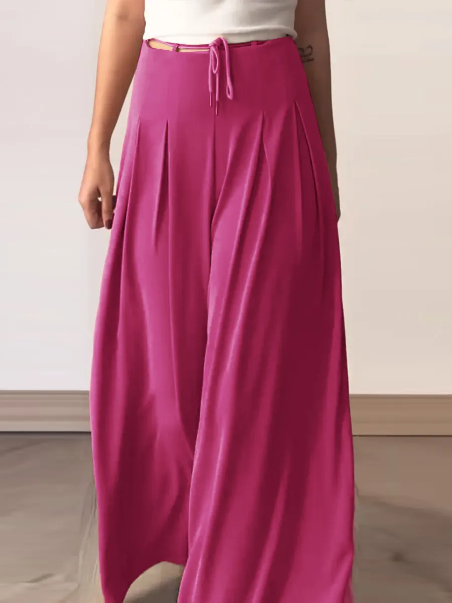 Women's Summer Solid Color High Waist Lace-up Loose Casual Cotton and Linen Wide Leg Pants