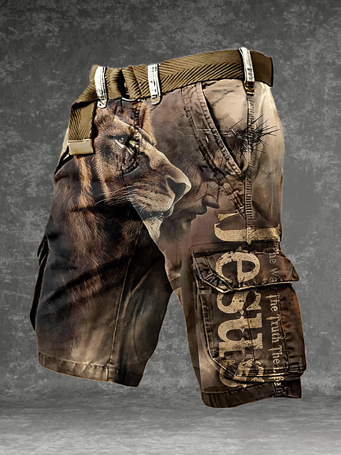 Men's The Way The Truth The Life Jesus Lion Print Denim-Like Cargo Shorts