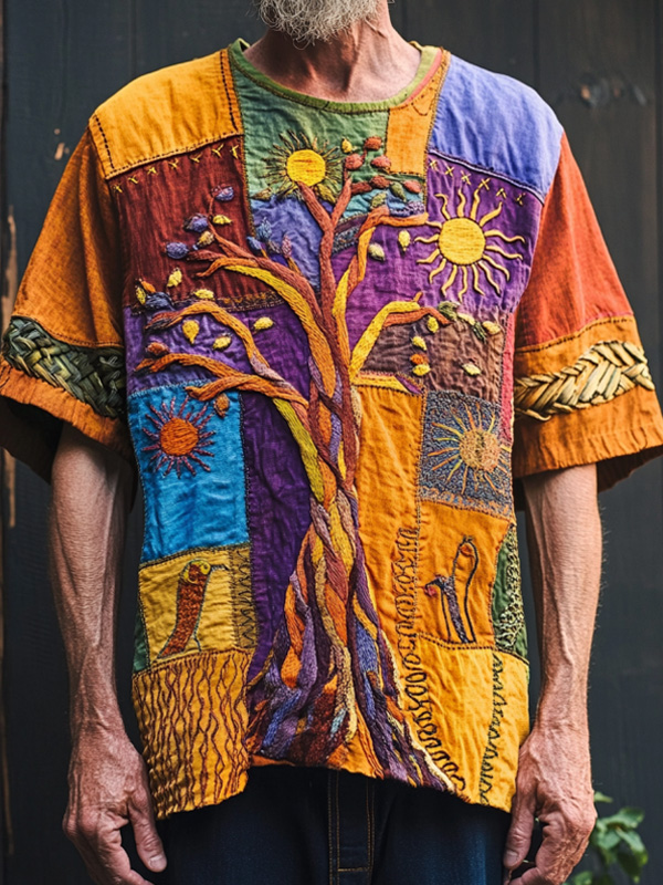 Men's Colorblock Patchwork Tree Of Life Sun Art Print Drop Shoulder Casual T-Shirt