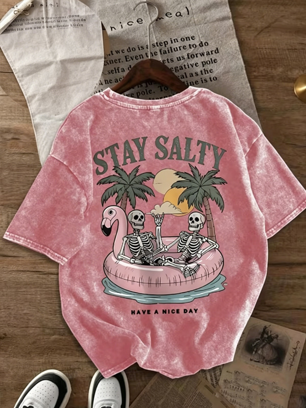 Men's Skeleton and Flamingo Swimming Ring Print Casual T-Shirt