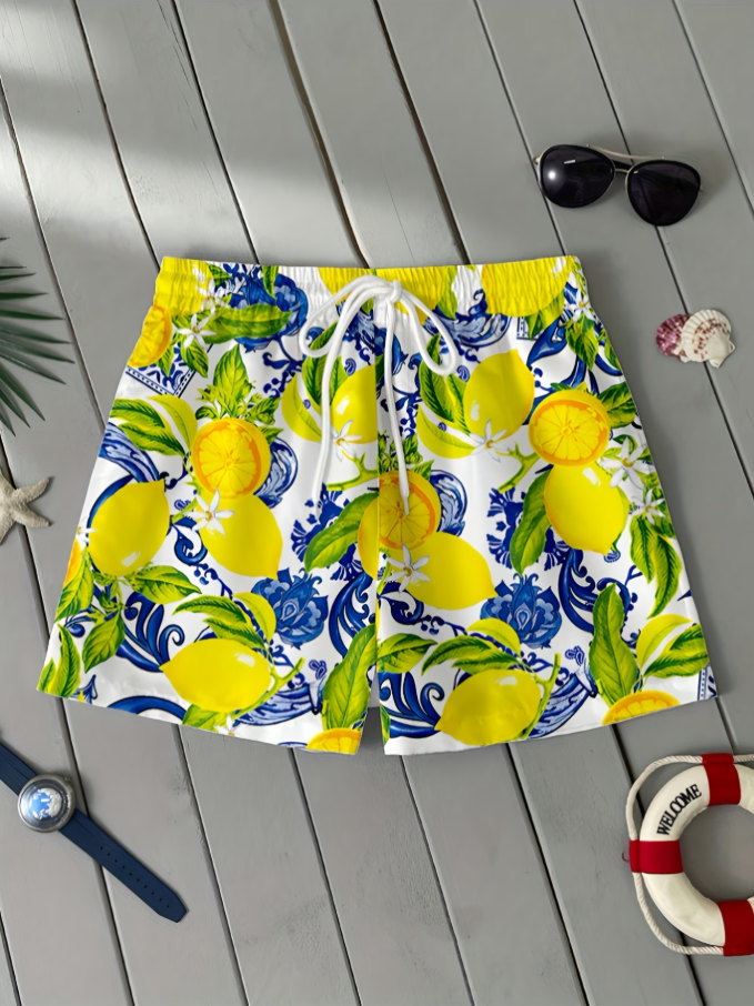 Men's Lemon And Blue Tile Print Casual Shorts