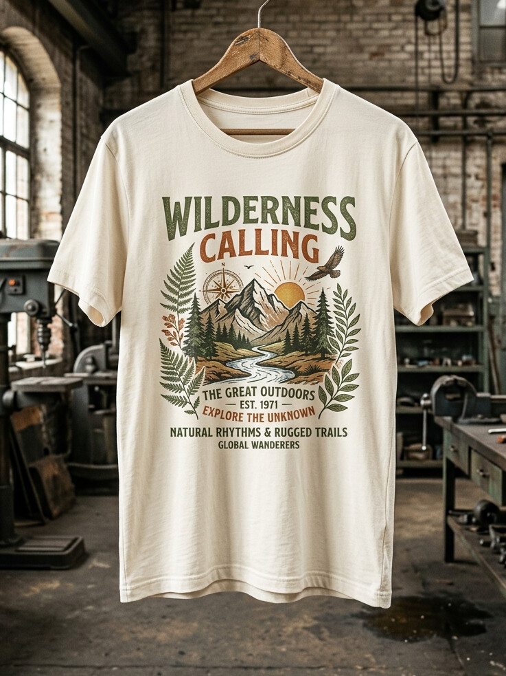 Men's Mountain Scenery Wilderness Calling Print Cotton Casual T-Shirt