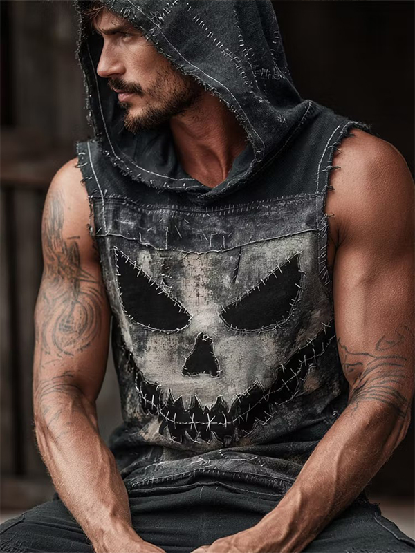 Men's Distressed Skull Face Patchwork Art Print Hooded Tank Top