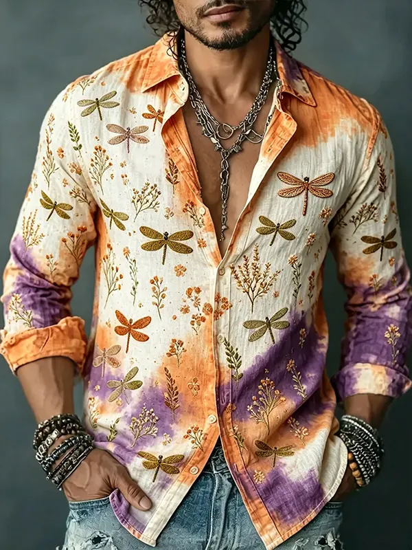 Men's Vintage Boho Dragonflies And Plants Art Print Long Sleeve Shirt
