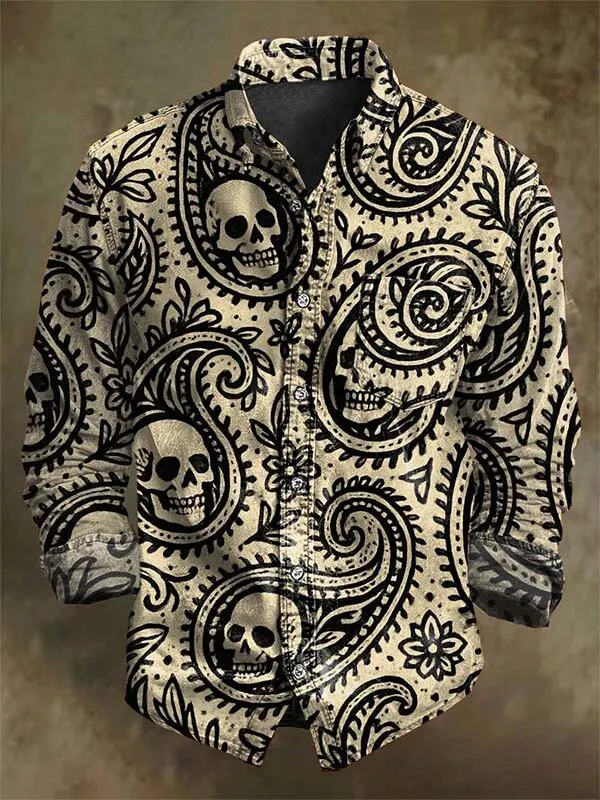 Men's Hippie Skull Paisley Art Print Pocket Long Sleeve Shirt