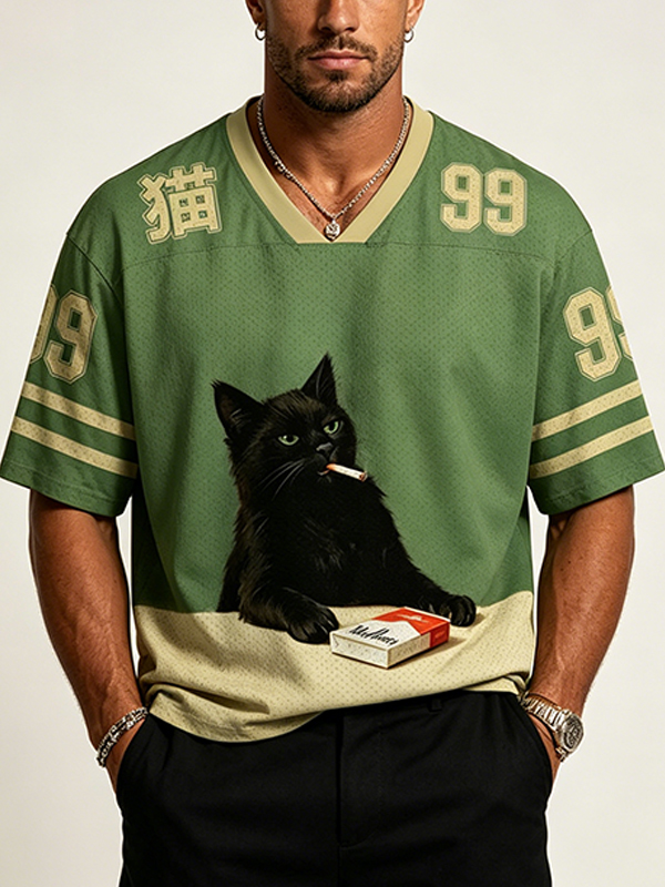 Men's Black Cat Smoking Cigarette Number Print Casual V Neck T-Shirt