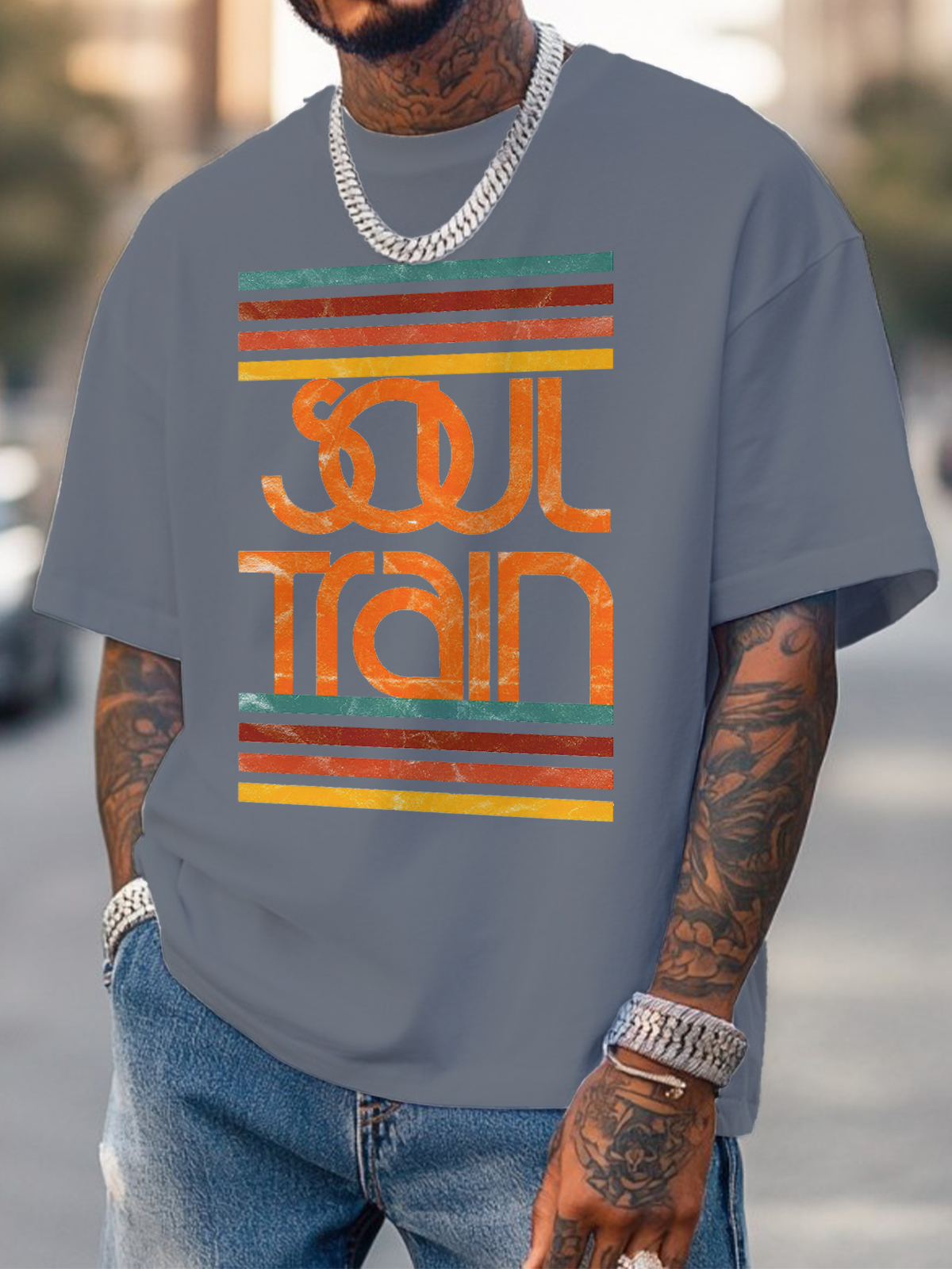 Men's Soul Train Striped Print Cotton Casual T-Shirt