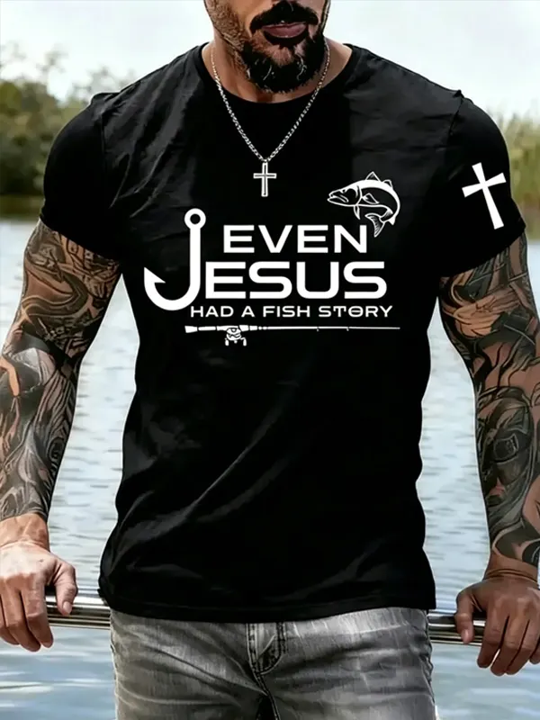 Men's Even Jesus Had A Fish Story Fishing Art Print T-Shirt