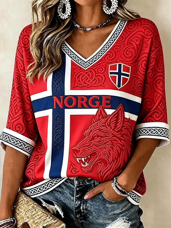 Women's Norway Football Viking Wolf Celtic Knot Art Print V Neck Short Sleeve T-Shirt