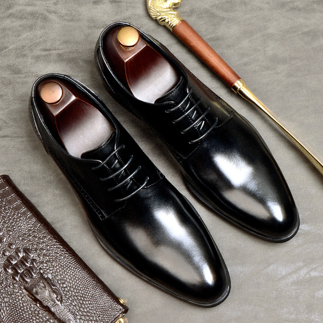 Elegant Men Genuine Leather Oxford Wedding Business Mens Dress Flats Shoes 2020 Back Burgundy Vintage Pointed Shoes For Men