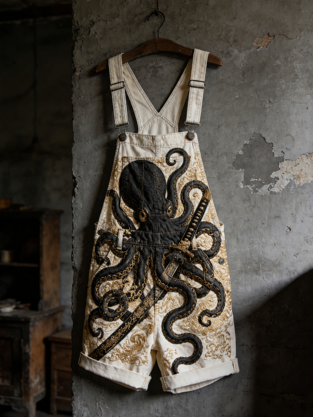 Men's Fun Octopus Knife Cthulhu Art Print Shorts Overalls