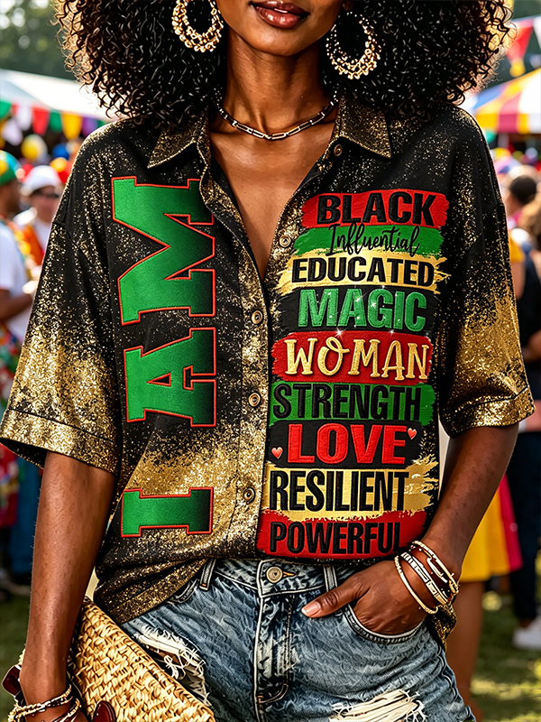 Women's I AM Black Magic Woman Empowering Statement Glitter Print Short Sleeve Shirt