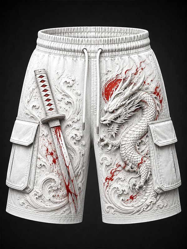 Men's Japanese Katana and Dragon Pattern Drawstring Cargo Shorts