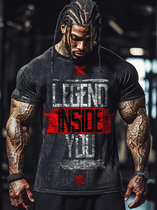 Men's Legend Inside You Fitness Print Cotton Washed T-Shirt