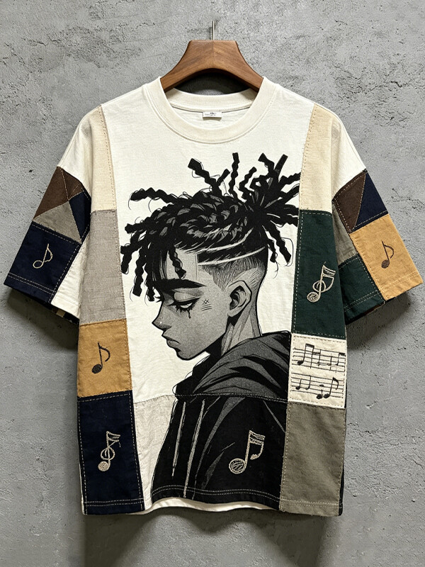 Men's Vintage Hip Hop Anime Dreadlocks Patchwork Music Note Art Print Drop Shoulder Casual T-Shirt