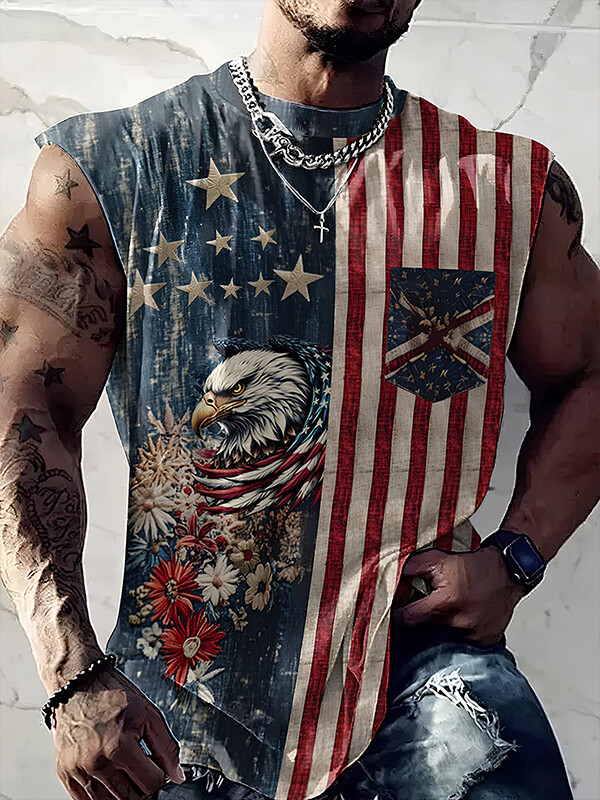 Men's 250 Years Anniversary Stars Stripes Flag Eagle Floral Print Tank Top