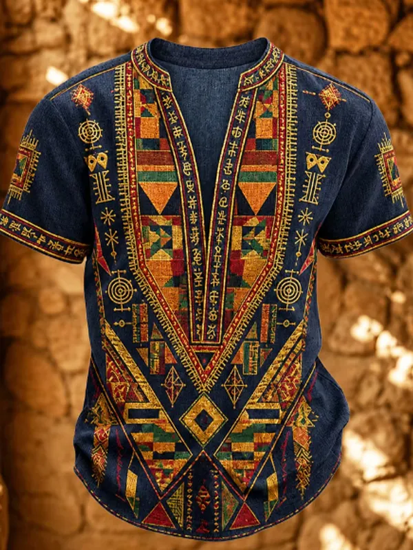 Men's Retro Ethnic Style Colorblock Geometric Patterns Casual V Neck T-Shirt