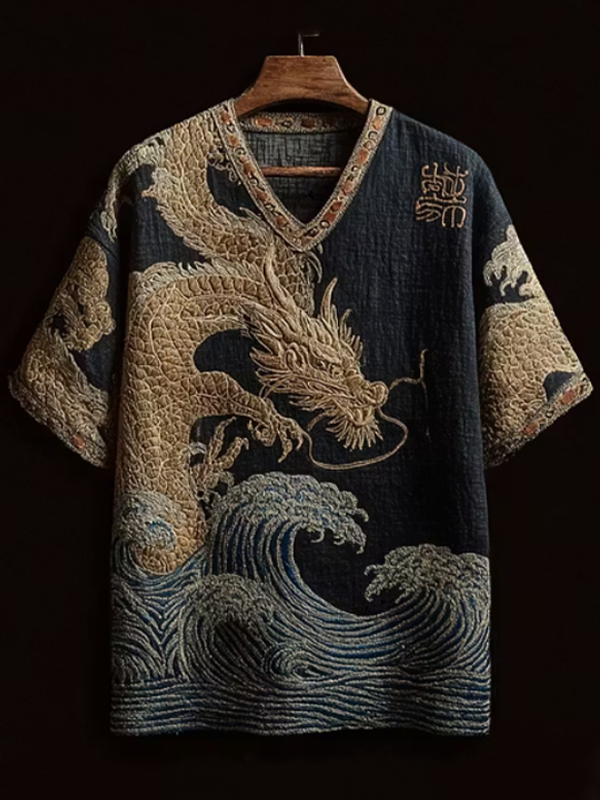 Men's Golden Dragon Wave Art Print V Neck T-Shirt