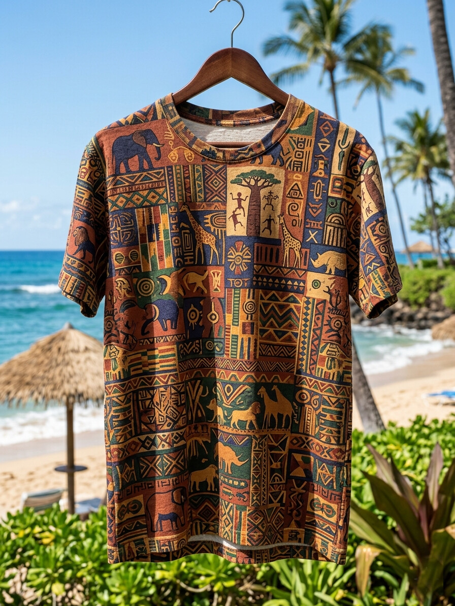 Men's African Tribal Pattern Animal Patchwork Art Print T-Shirt