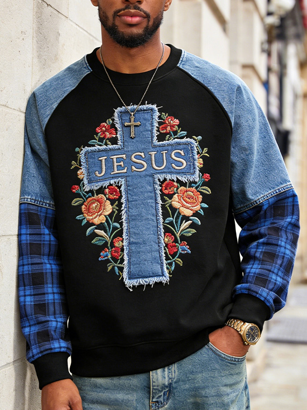 Men'S Faith-Inspired Denim Floral  Print Art Print Casual Sweatshirt