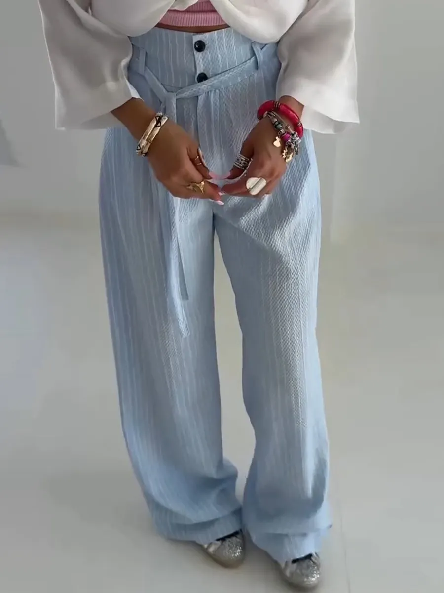 Women's High Waist Lace-Up Stripe Print Casual Cotton and Linen Wide Leg Pants