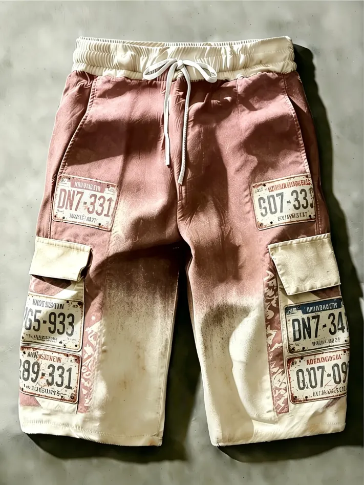 Men's Vintage Car Tag Gradient Print Drawstring Cargo Shorts