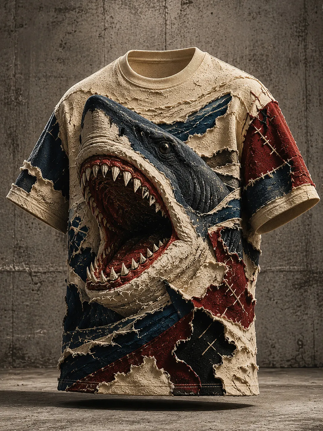 Men's 3D Torn Patchwork Great White Shark Art Print T-Shirt
