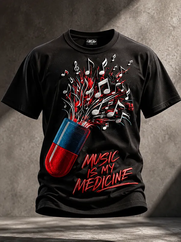 Men's Music is My Medicine Print Cotton Casual T-Shirt