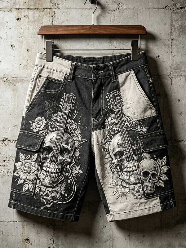 Men's Punk Skull Floral Guitar Print Cargo Shorts