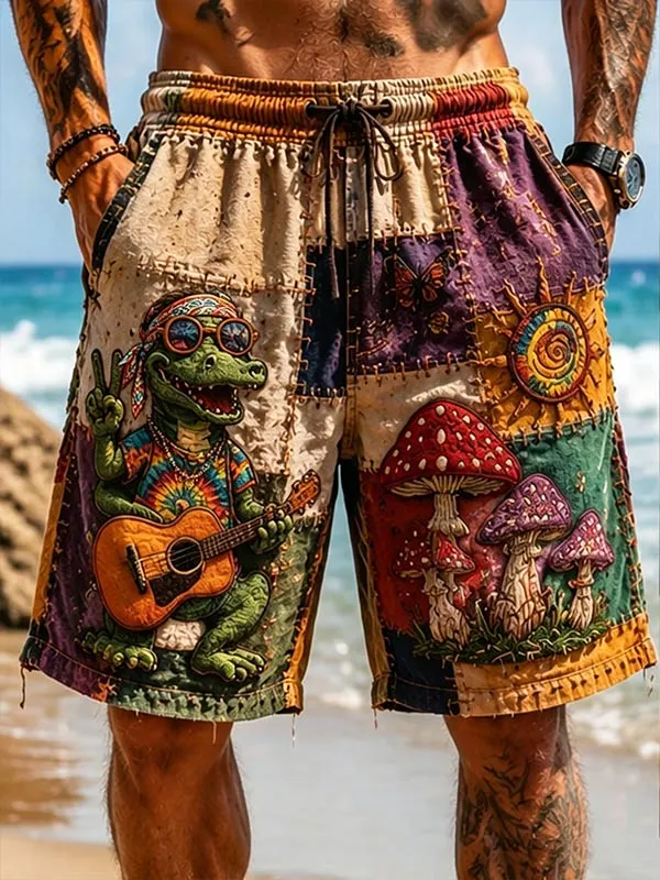 Men's Hippie Crocodile and Guitar Psychedelic Colorblock Art Print Casual Shorts