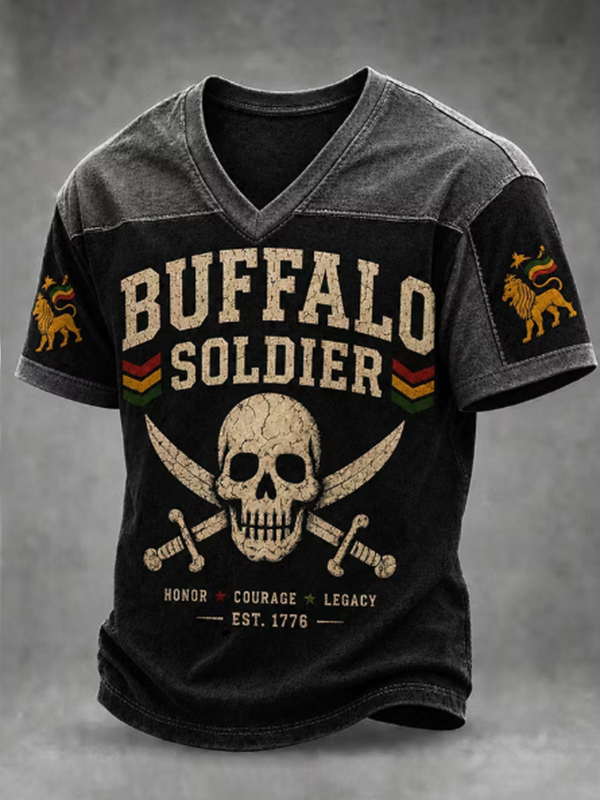 Men's Buffalo Soldier Skull Sword Print T-Shirt