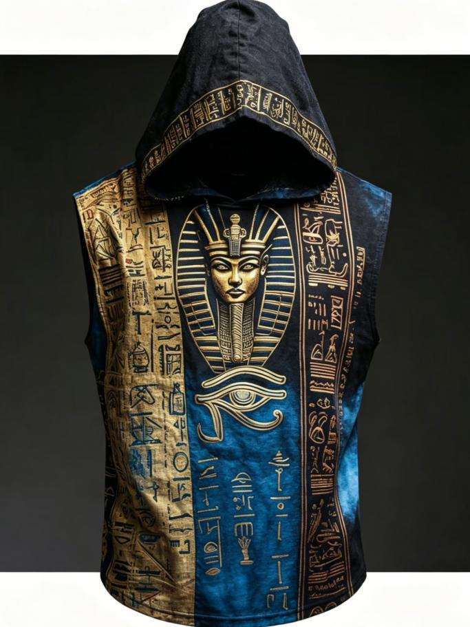 Men's Geometric Patchwork Egyptian Folk Art Print Workout Hooded Tank Top