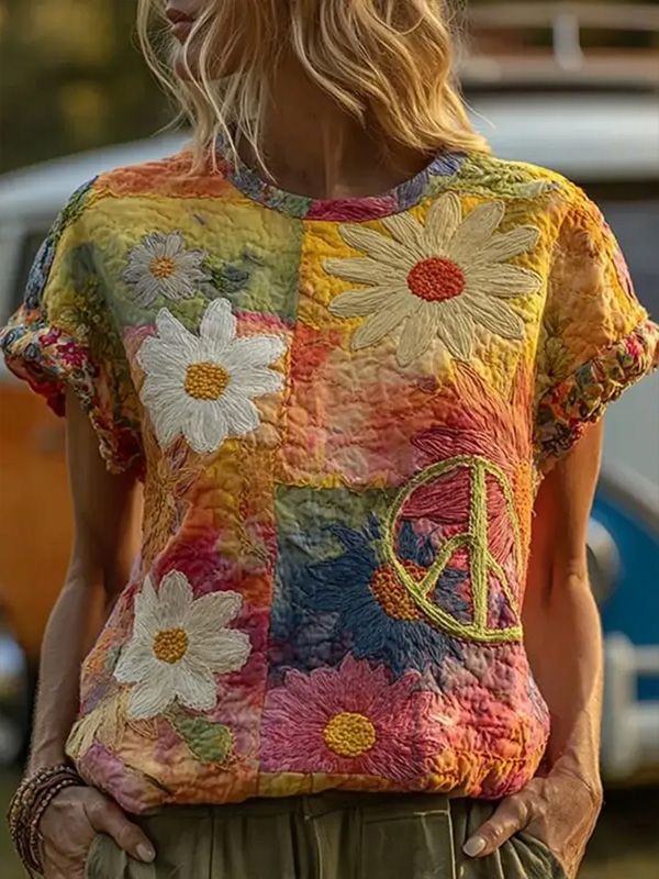 Women's Daisy Flower Peace Sign Patchwork Art Print Casual T-Shirt