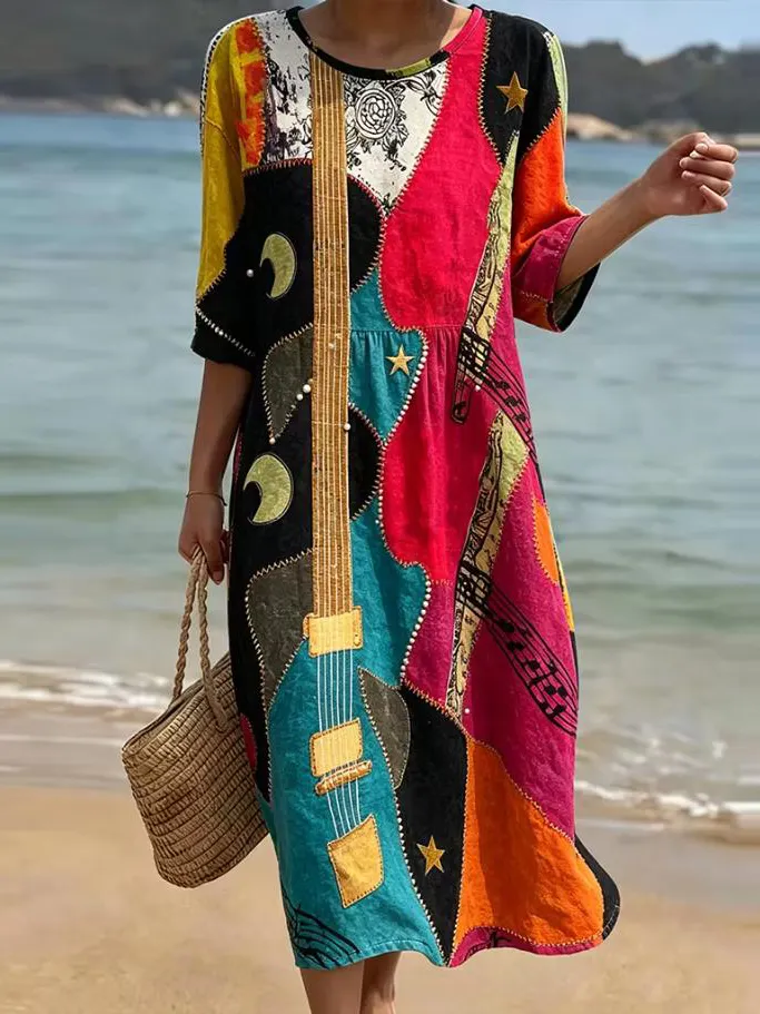 Women's Abstract Geometric Guitar Music Art Print V Neck Pockets Long Sleeve Midi Dress