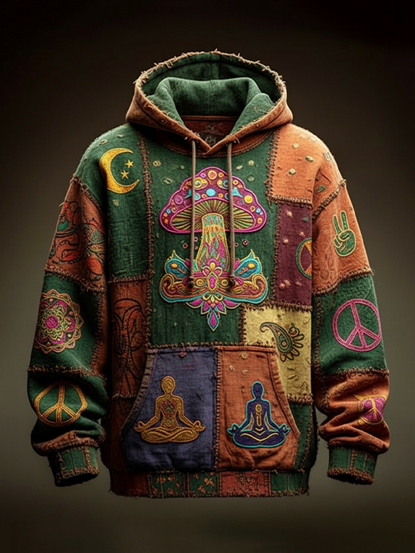 Men's Psychedelic Mushroom Hippie Patchwork Print Pocket Hoodie
