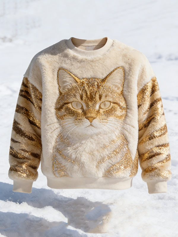 Men's Gold Glitter Embellished Tabby Cat Print Casual Flannel Sweatshirt