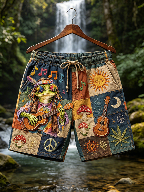 Men's Hippie Frog Patchwork Reggae Music And Peace Sign Print Casual Shorts