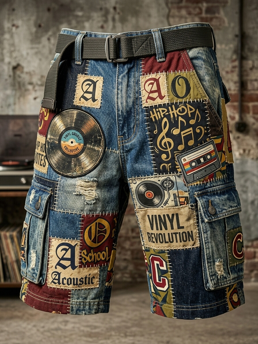 Men's Retro Musical Notes Records Stitching Print Cargo Shorts
