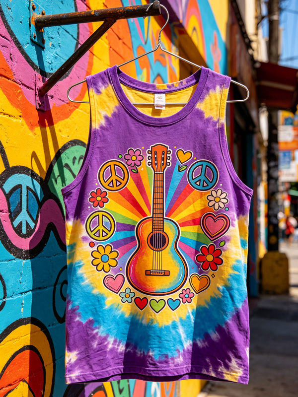 Men's Tie‑Dye Guitar Peace Sign Hippie Art Print Tank Top