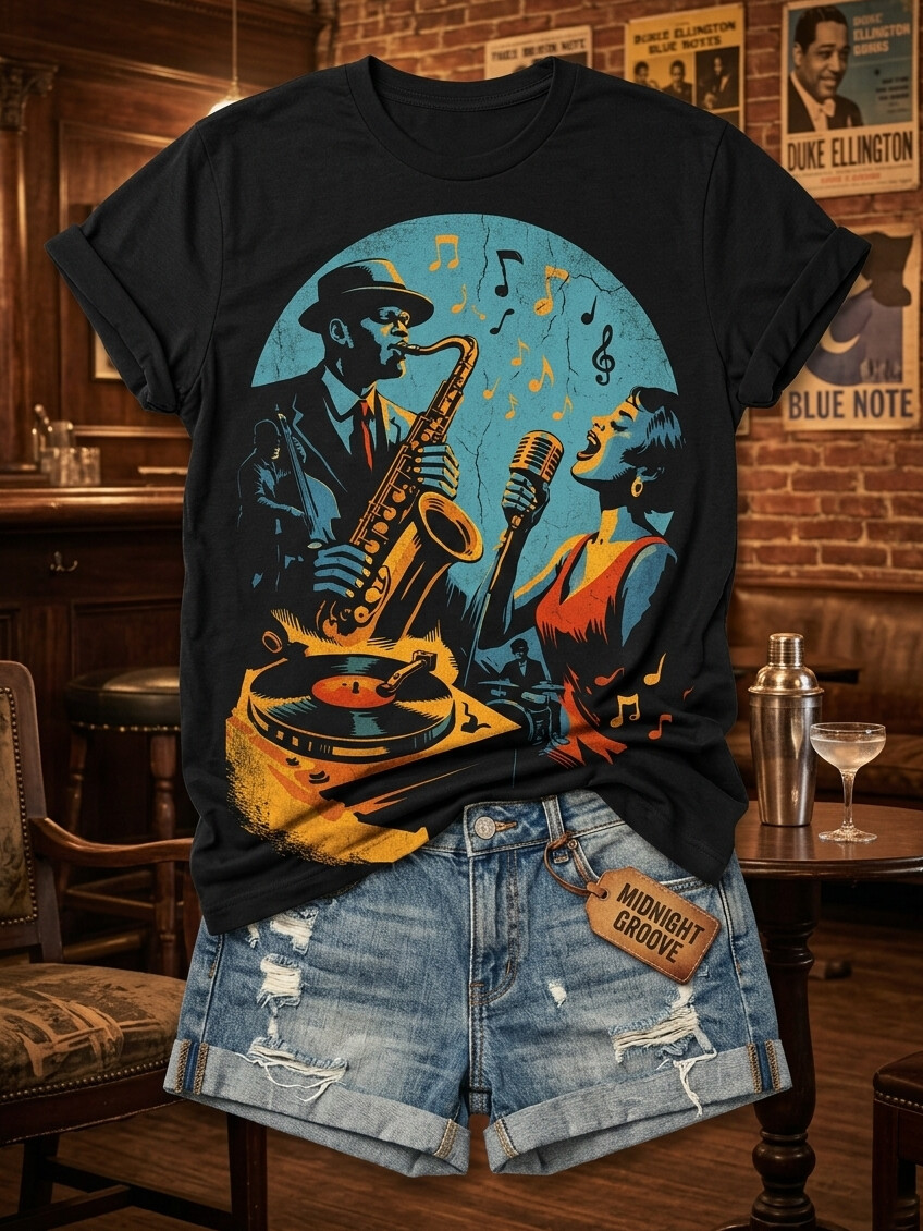 Women's Vintage Jazz Band Saxophone Singer Art Print Casual T-Shirt