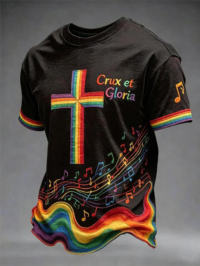 Men's Rainbow Cross Crux et Gloria Music Note Art Print T-Shirt